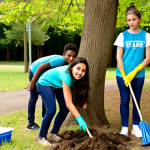 **A diverse group of teenagers volunteering at a local park, planting trees and cleaning up litter, emphasizing teamwork and environmental responsibility.** (Focus: Environmental Initiatives, Volunteering, Teamwork)